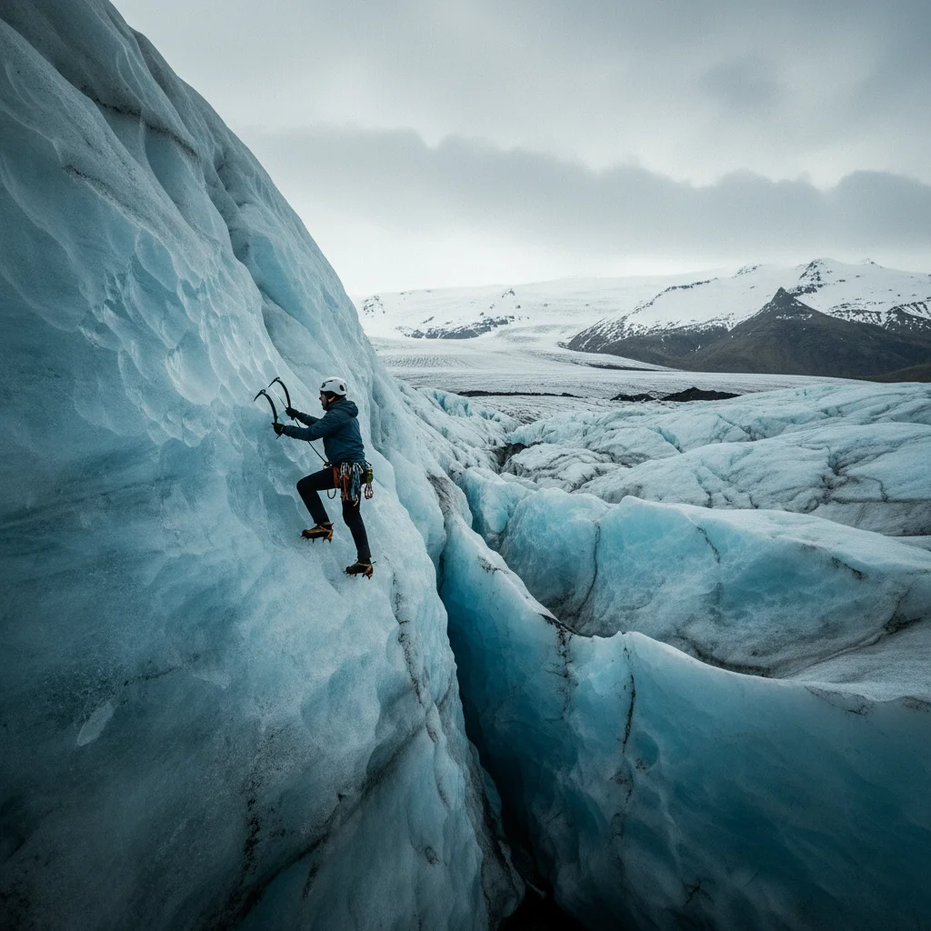 Person klettert an einer blauen Eiswand auf einem isländischen Gletscher