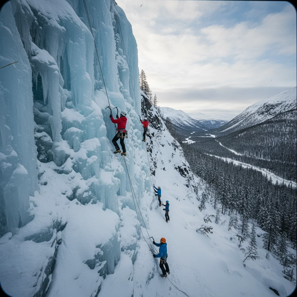 Eisklettergebiet in Hemsedal mit verschneiter Bergkulisse
