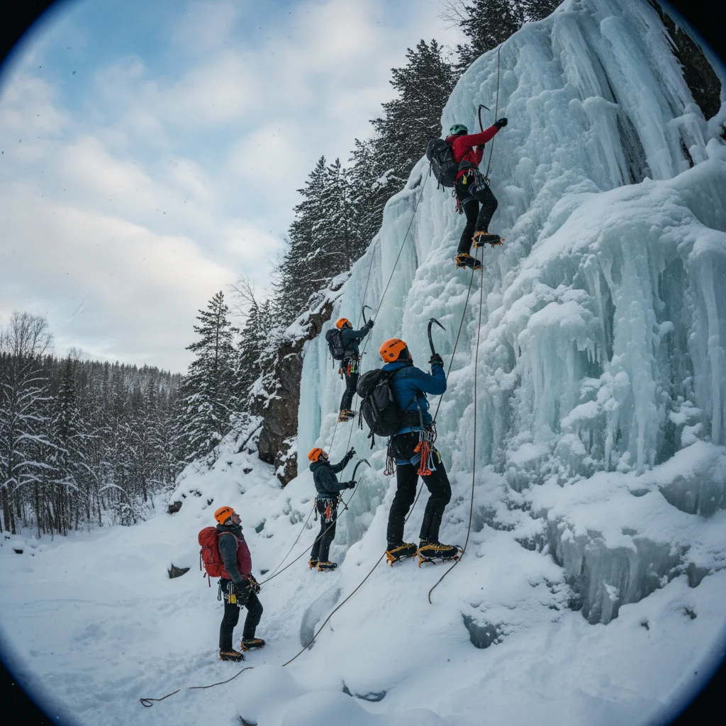 Anfänger beim Eisklettern mit Guide und Sicherungsausrüstung