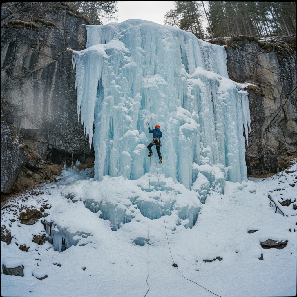 Eiskletterer an einem gefrorenen Wasserfall in Rjukan