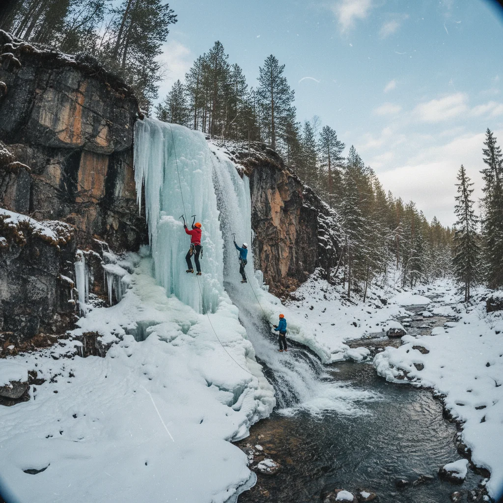 Gefrorener Wasserfall in Norwegen als Kletterziel