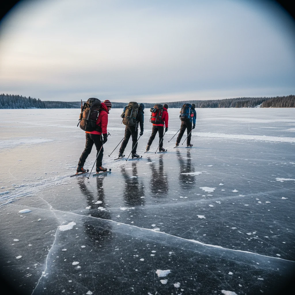 Gruppe von Langstrecken-Eisläufern mit Rucksäcken und Eispicken auf einem weiten zugefrorenen See