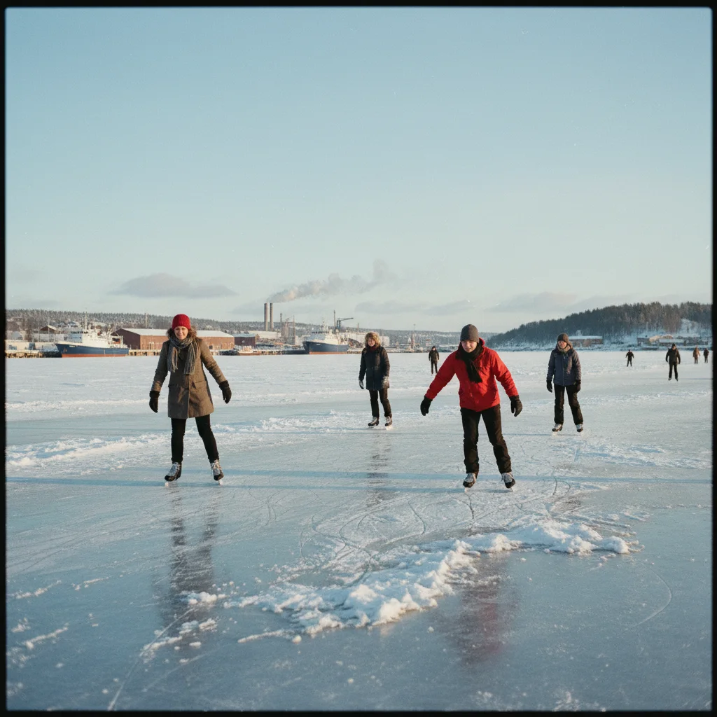 Eisläufer auf der zugefrorenen Ostsee vor Luleå mit dem Hafen im Hintergrund