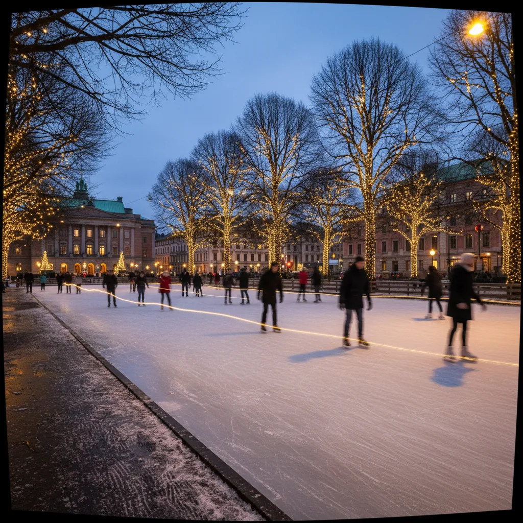 Eislaufbahn im Kungsträdgården in Stockholm bei Nacht mit beleuchteten Bäumen
