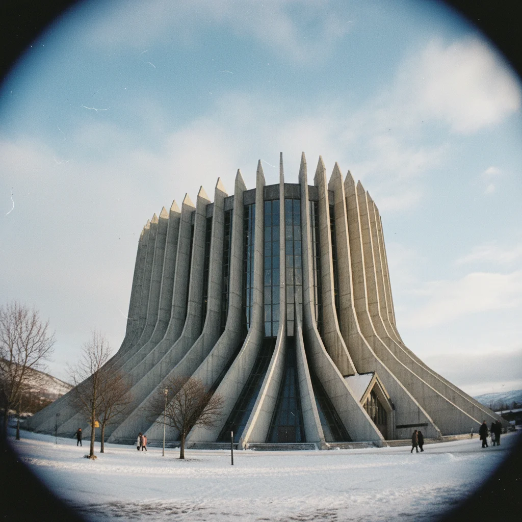 Die weiße dreieckige Fassade der Eismeerkathedrale in Tromsø bei Tag