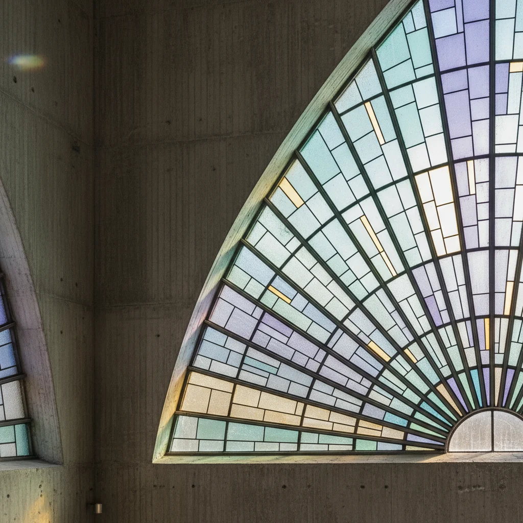 Das große Glasmosaikfenster der Eismeerkathedrale von innen mit farbigem Licht