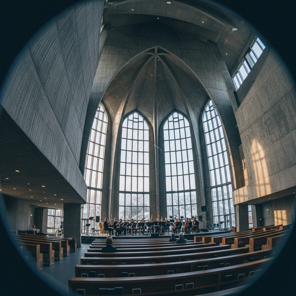 Konzert in der Eismeerkathedrale bei Abendlicht durch das große Glasfenster