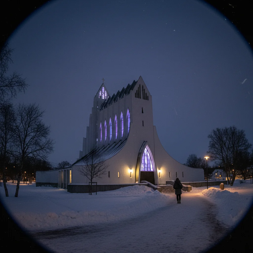 Eismeerkathedrale bei Nacht beleuchtet mit Nordlicht am Himmel über Tromsø