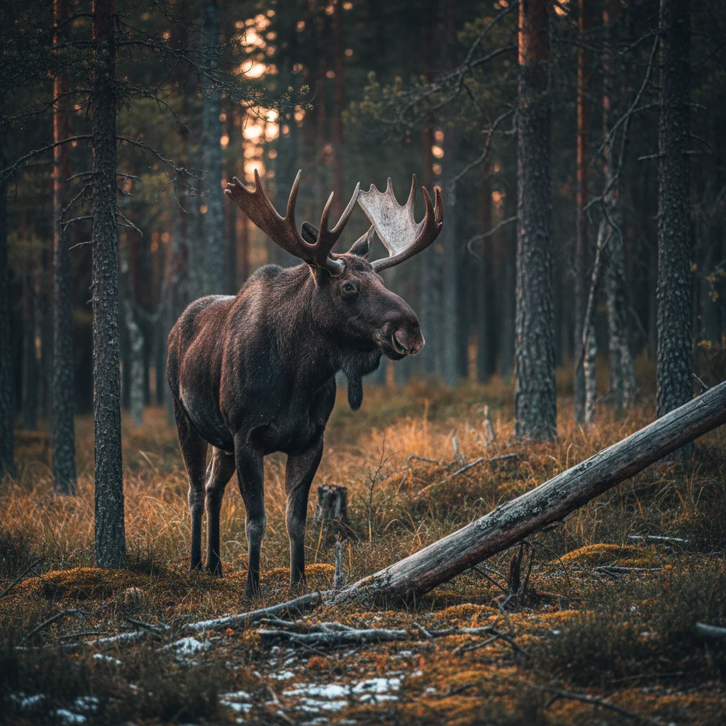 Elchbulle mit Geweih in der Abenddämmerung auf einer Waldlichtung