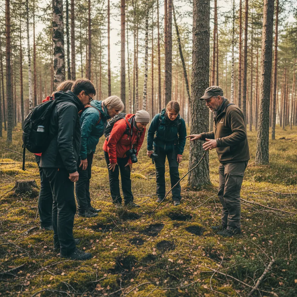 Guide erklärt einer Gruppe die Elchspuren im schwedischen Wald