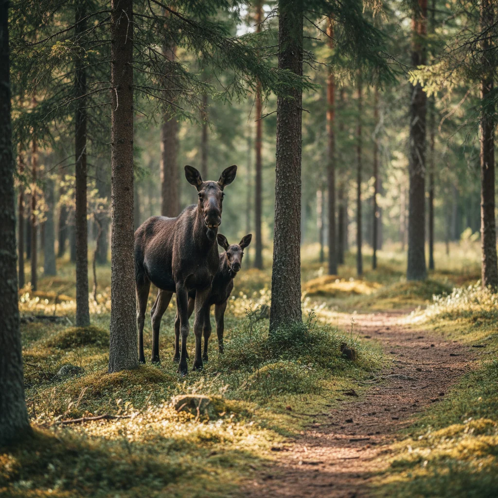 Elchkuh mit Kalb im Wald von Småland in Schweden