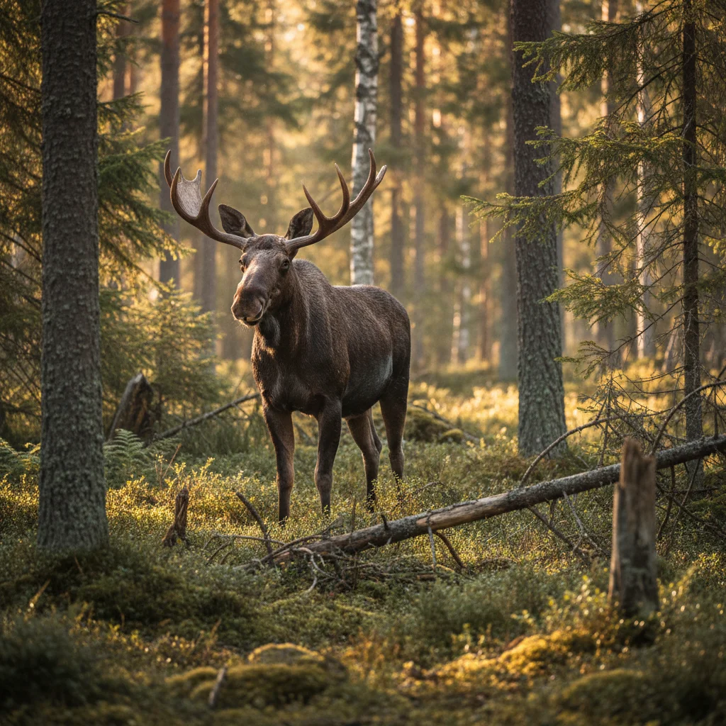 Elch in einem schwedischen Wald im Morgenlicht