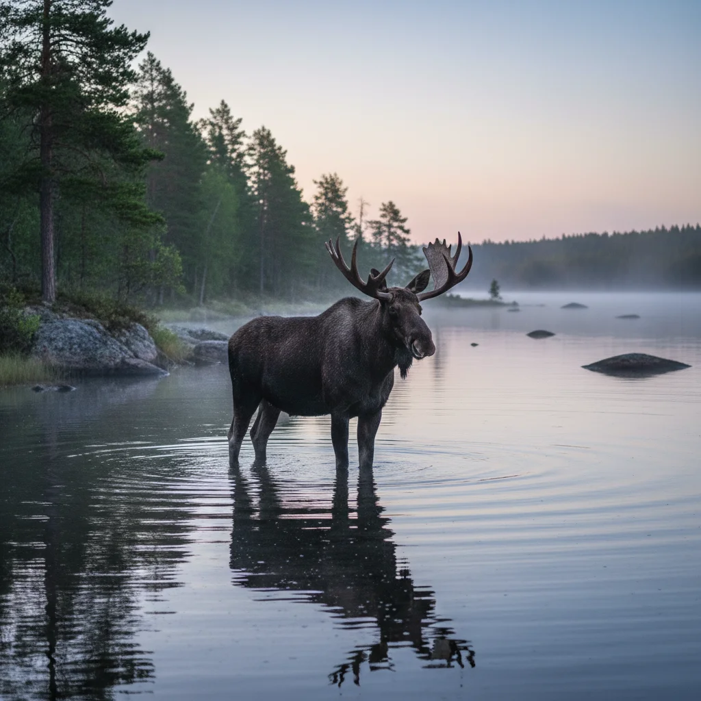 Elch steht im Morgengrauen in einem schwedischen See