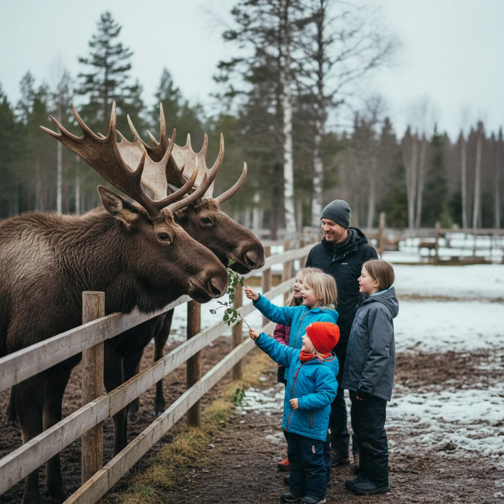 Familie mit Kindern füttert Elche in einem schwedischen Elchpark