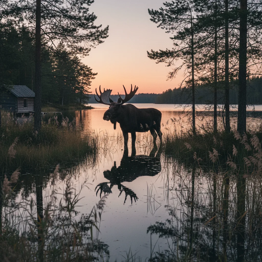Waldlichtung in schwedischer Dämmerung, goldenes Licht fällt durch Kiefern
