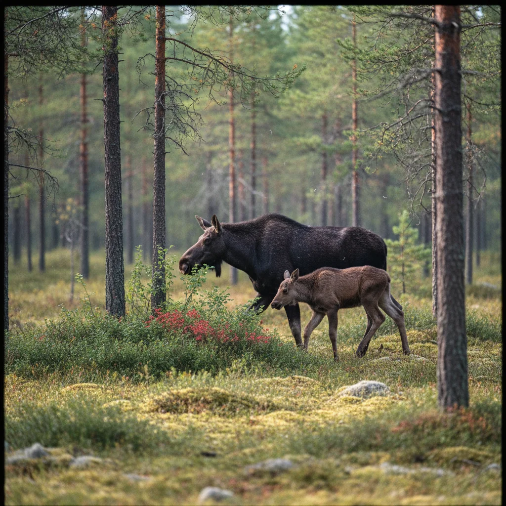 Großer Elchbulle steht zwischen Birkenstämmen im schwedischen Wald