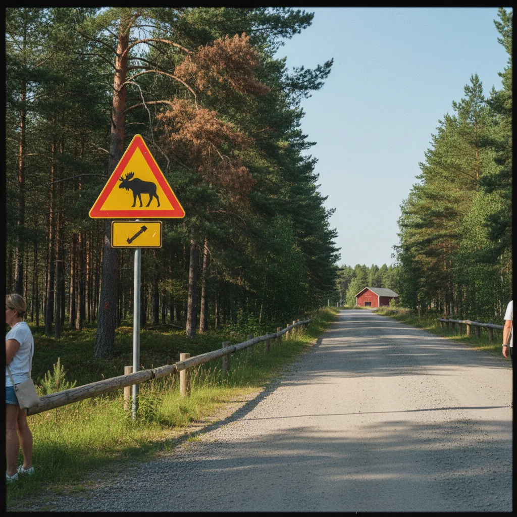Gelbes Elch-Warnschild an einer schwedischen Landstraße im Wald