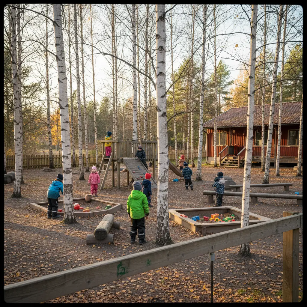 Schwedische Förskola mit spielenden Kindern im Außenbereich zwischen Birken