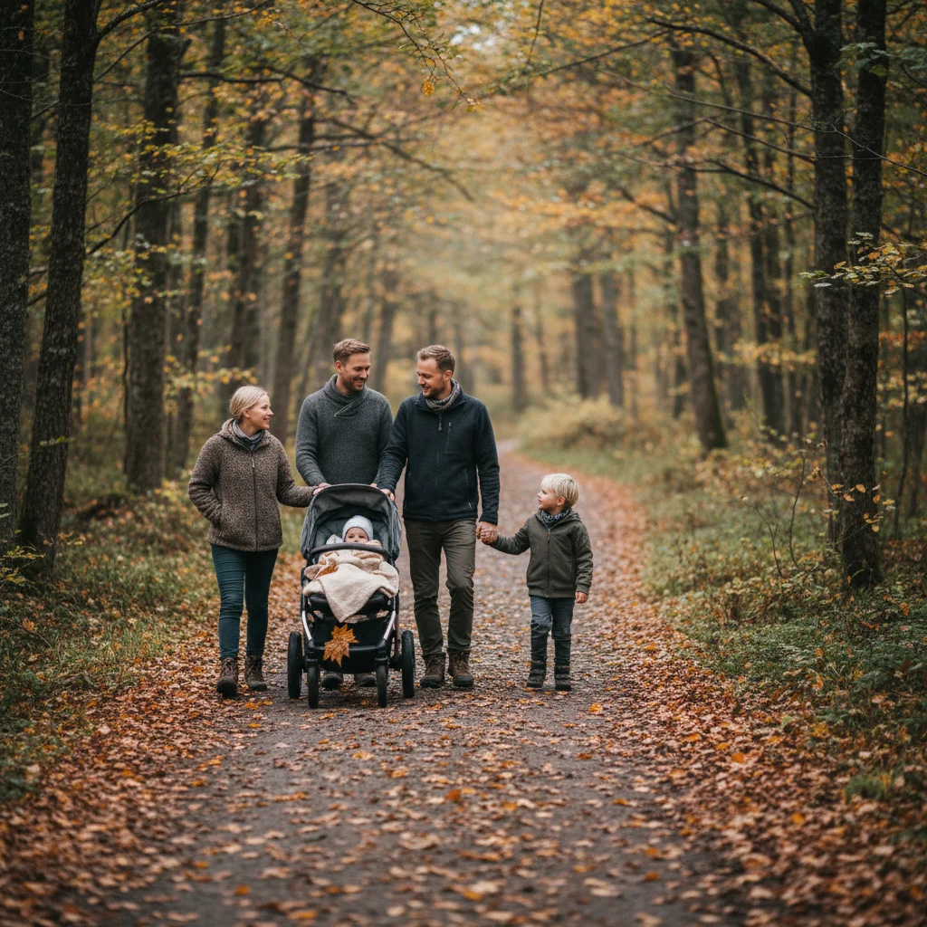 Schwedische Familie beim Spaziergang in der Natur mit Kinderwagen und Herbstlaub