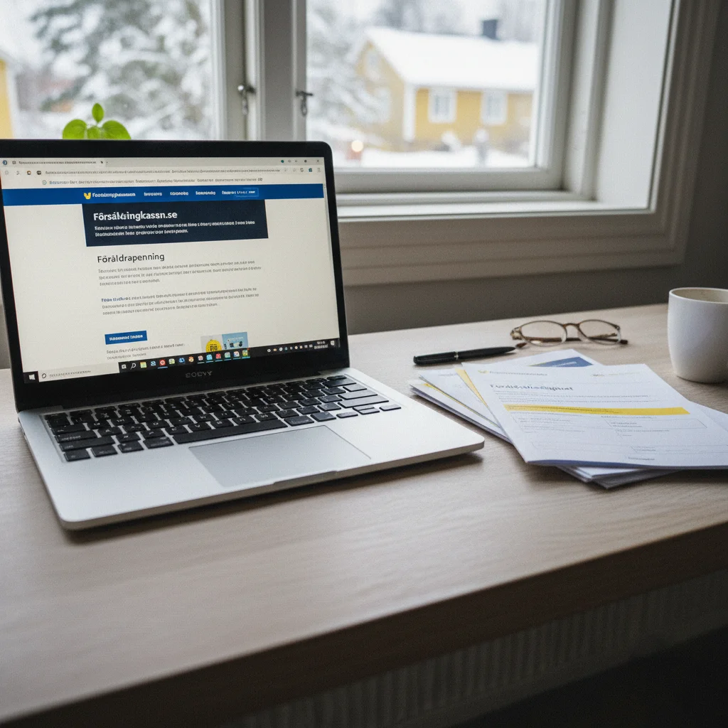 Laptop mit schwedischer Försäkringskassan Webseite und Unterlagen zur Elternzeit auf einem Schreibtisch