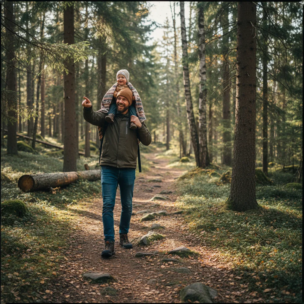 Schwedischer Vater mit Kleinkind auf den Schultern beim Spaziergang im Wald