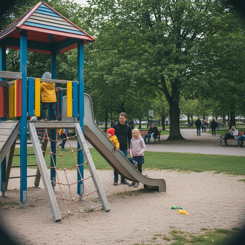 Bunter schwedischer Spielplatz mit Holzspielgeräten und Familien im Park