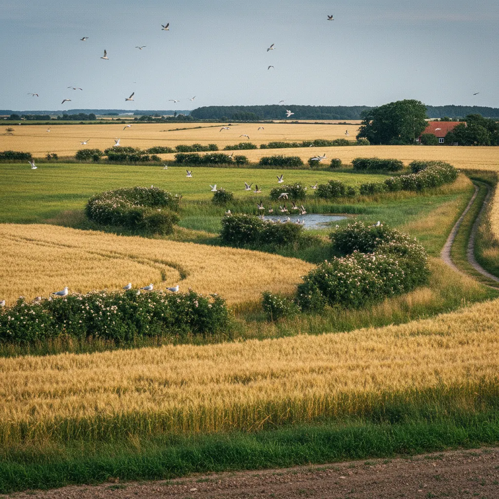 Naturlandschaft auf Endelave mit Feldern, Hecken und Vogelwelt