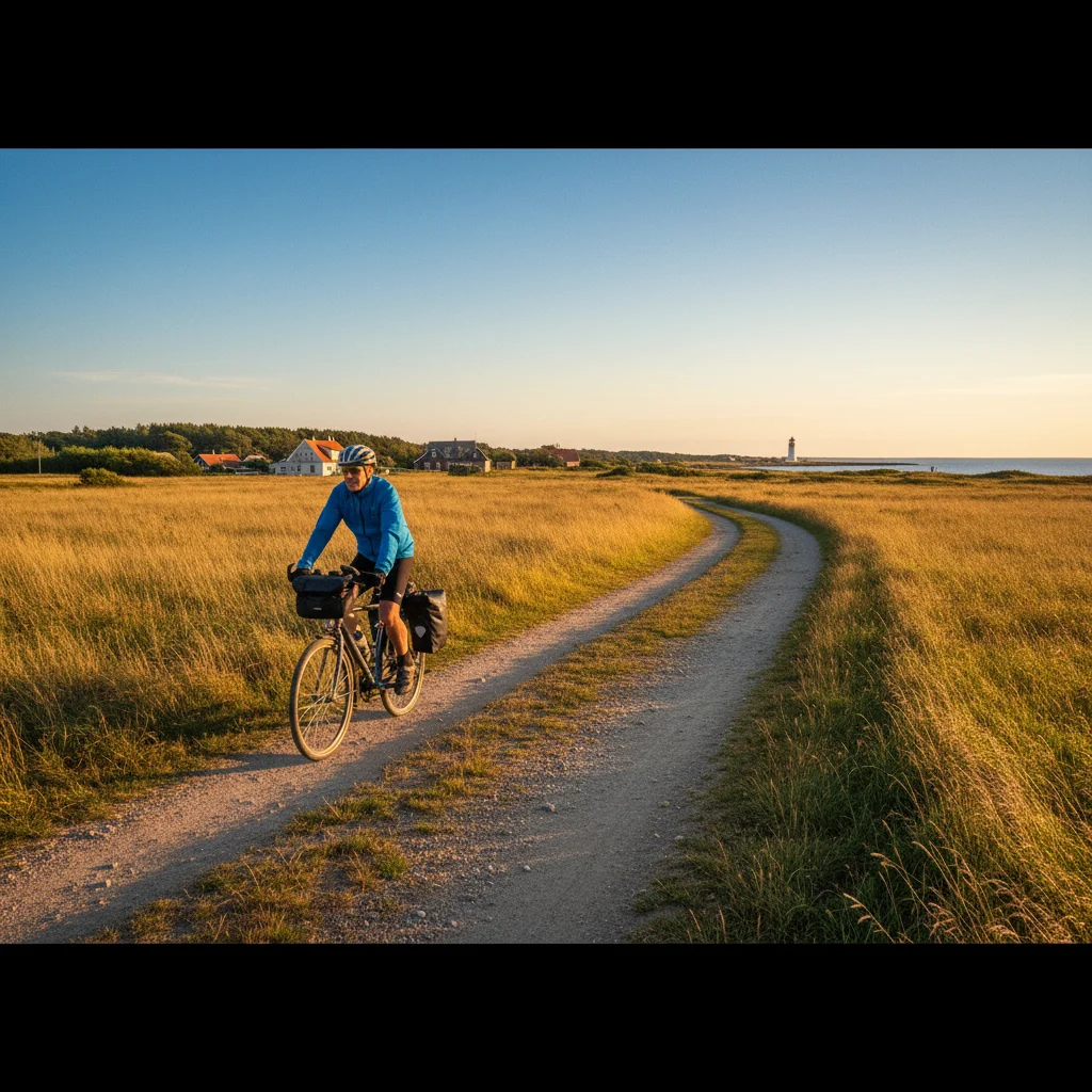 Radfahrer auf einem Feldweg auf der Insel Endelave