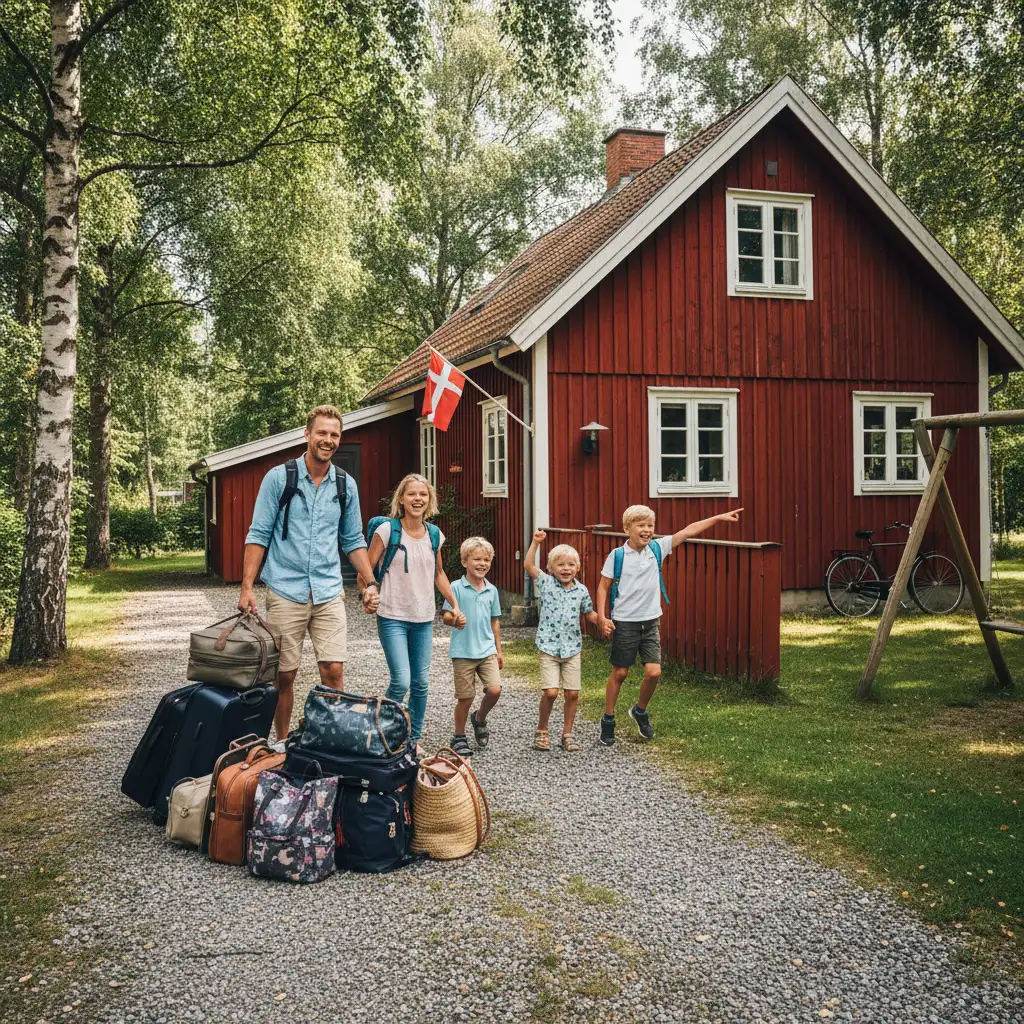 Familie bei der Ankunft am dänischen Ferienhaus mit Gepäck und freudiger Stimmung