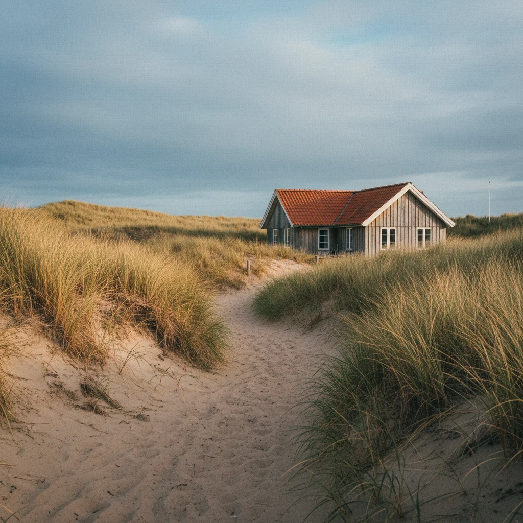 Typisches dänisches Ferienhaus in Dünenlandschaft mit Naturweg zum Strand