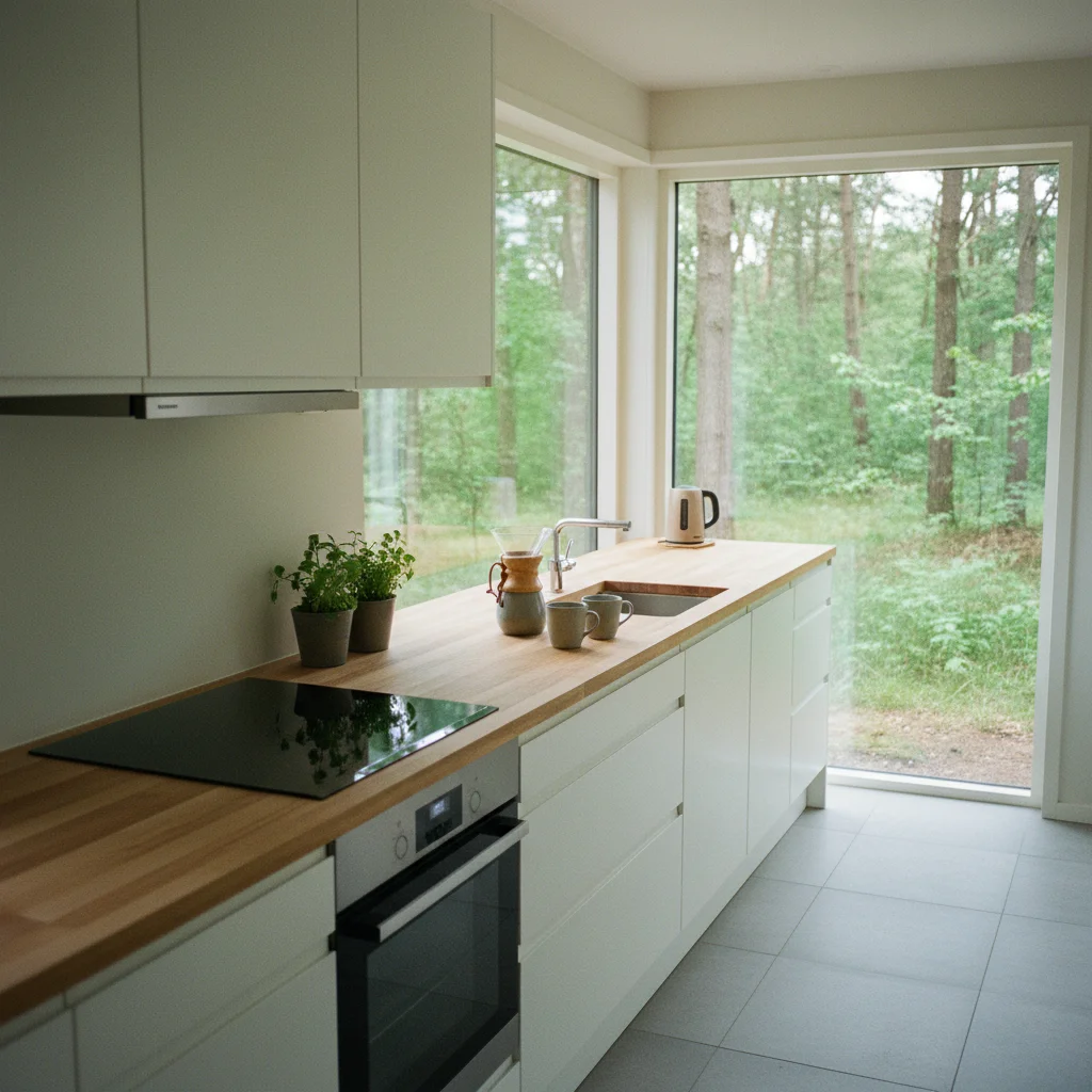 Moderne Küche in einem dänischen Ferienhaus mit Holzarbeitsplatte und Blick ins Grüne