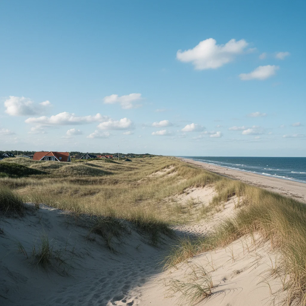 Strand in Dänemark mit Dünen und blauem Himmel, Ferienhäuser im Hintergrund