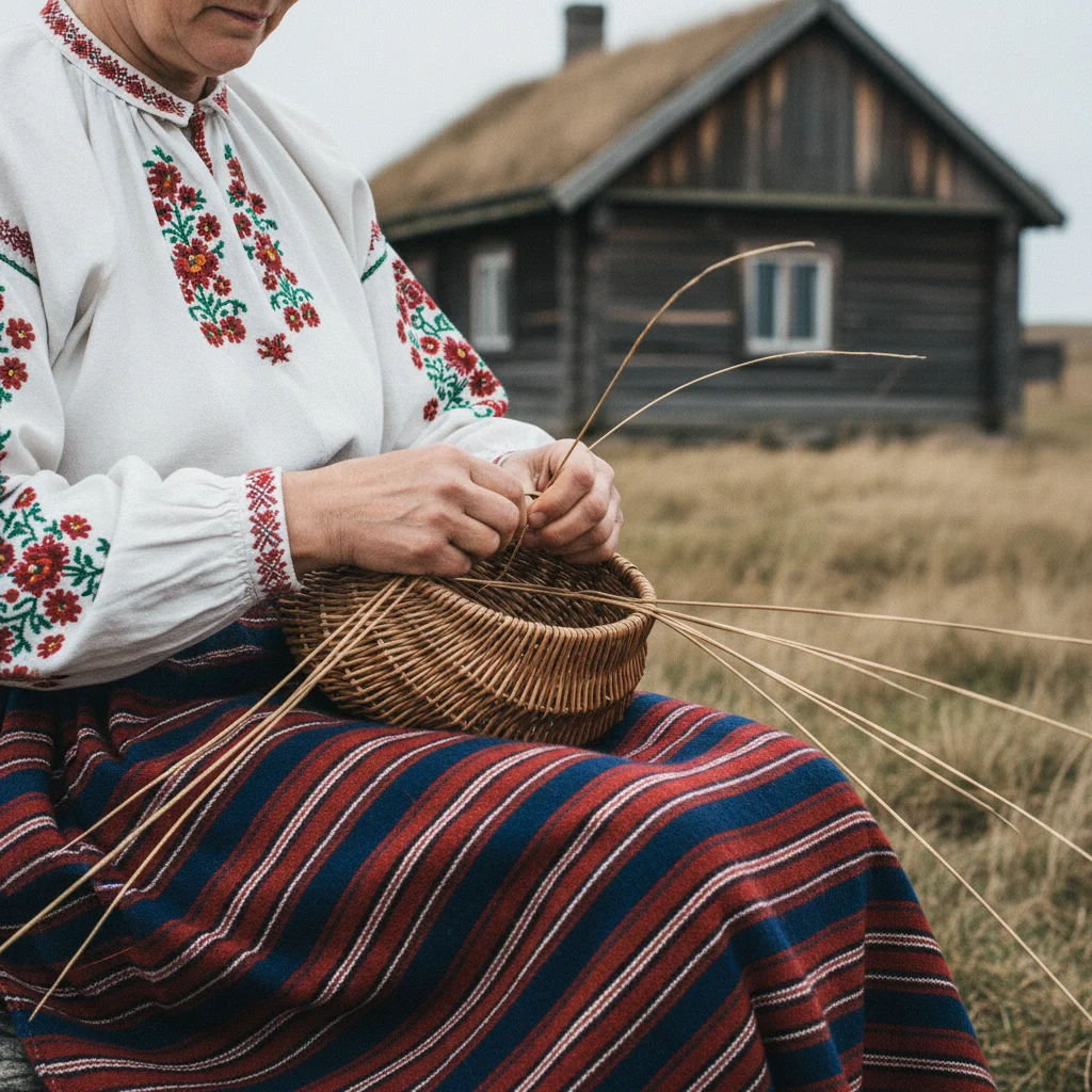 Traditioneller gestreifter Rock und Handarbeit auf der Insel Kihnu