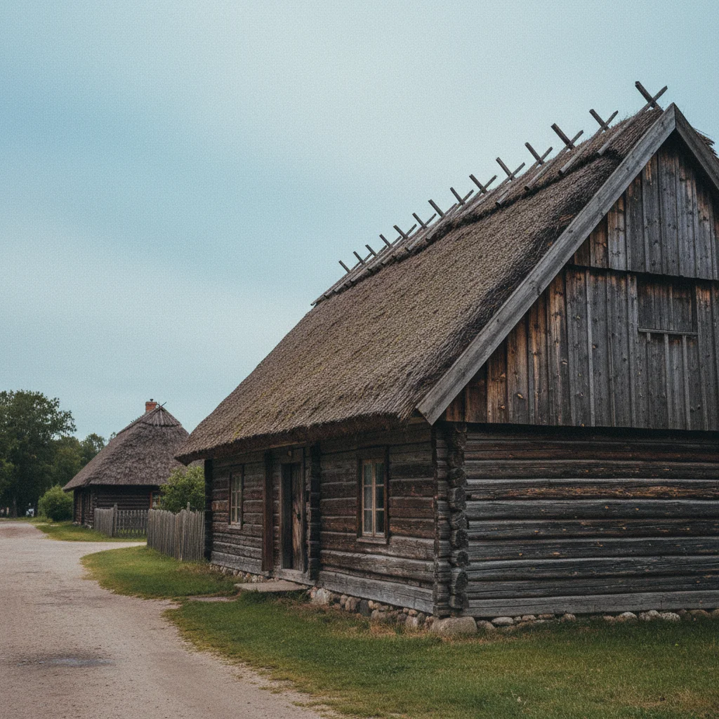 Traditionelles Reetdachhaus im Dorf Koguva auf Muhu