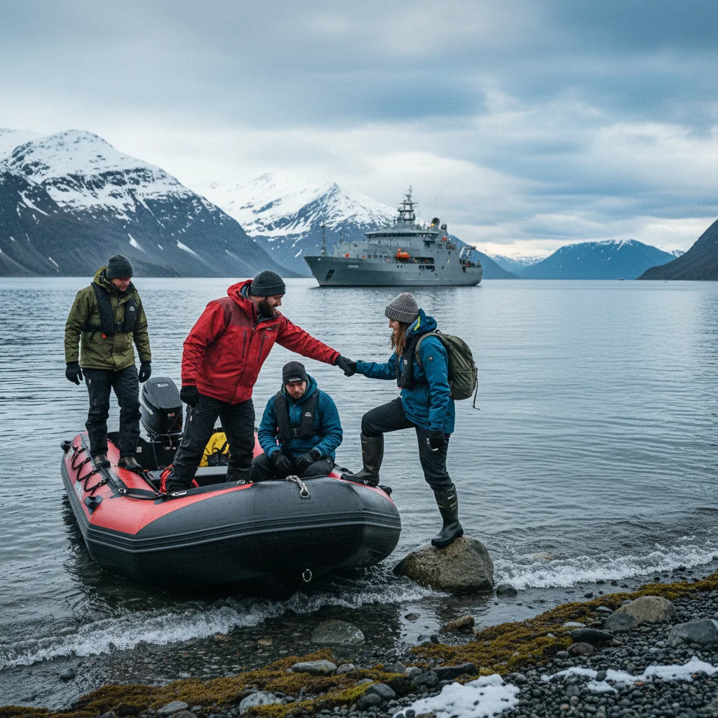 Passagiere in Expeditionskleidung steigen in ein Zodiac-Schlauchboot