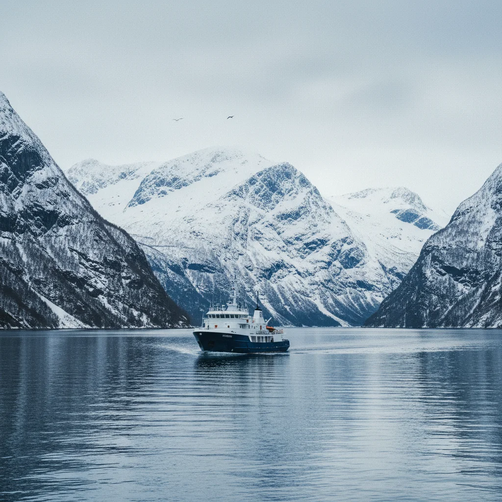 Kleines Expeditionsschiff in einem norwegischen Fjord mit schneebedeckten Bergen
