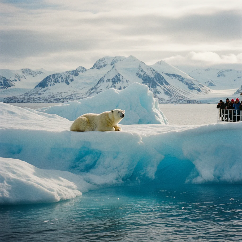 Eisbär auf einer Eisscholle vor Spitzbergen, fotografiert von einem Expeditionsschiff