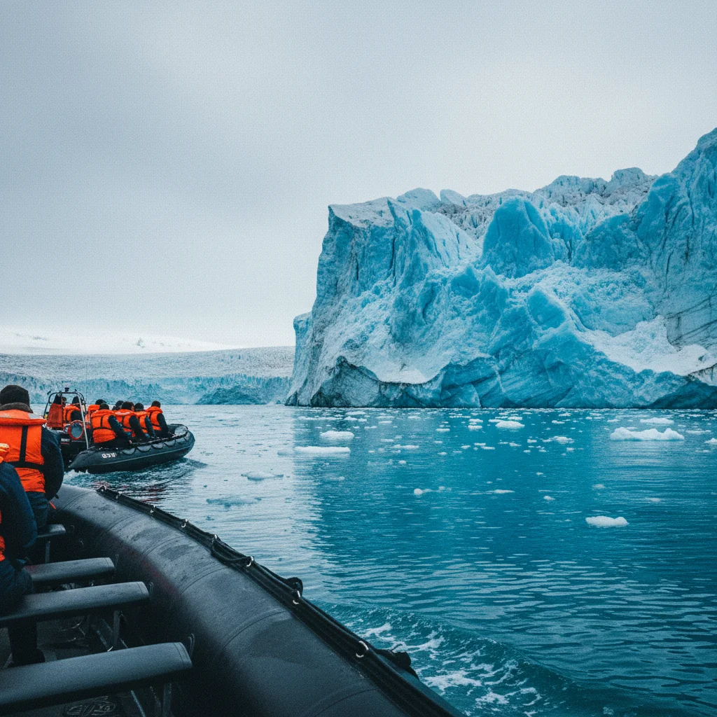 Zodiac-Schlauchboot vor einem arktischen Gletscher mit Passagieren in Rettungswesten