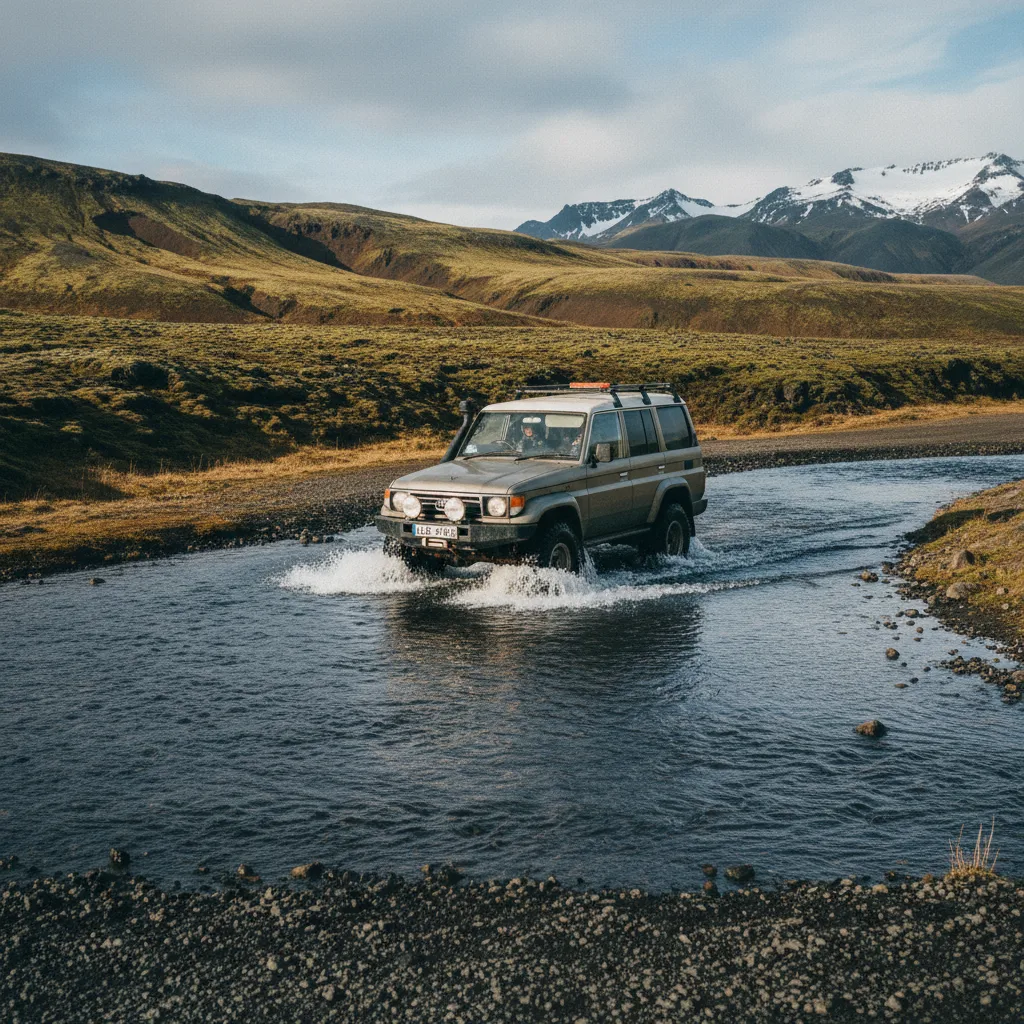 4x4 Fahrzeug durchquert einen Fluss auf einer F-Straße in Island