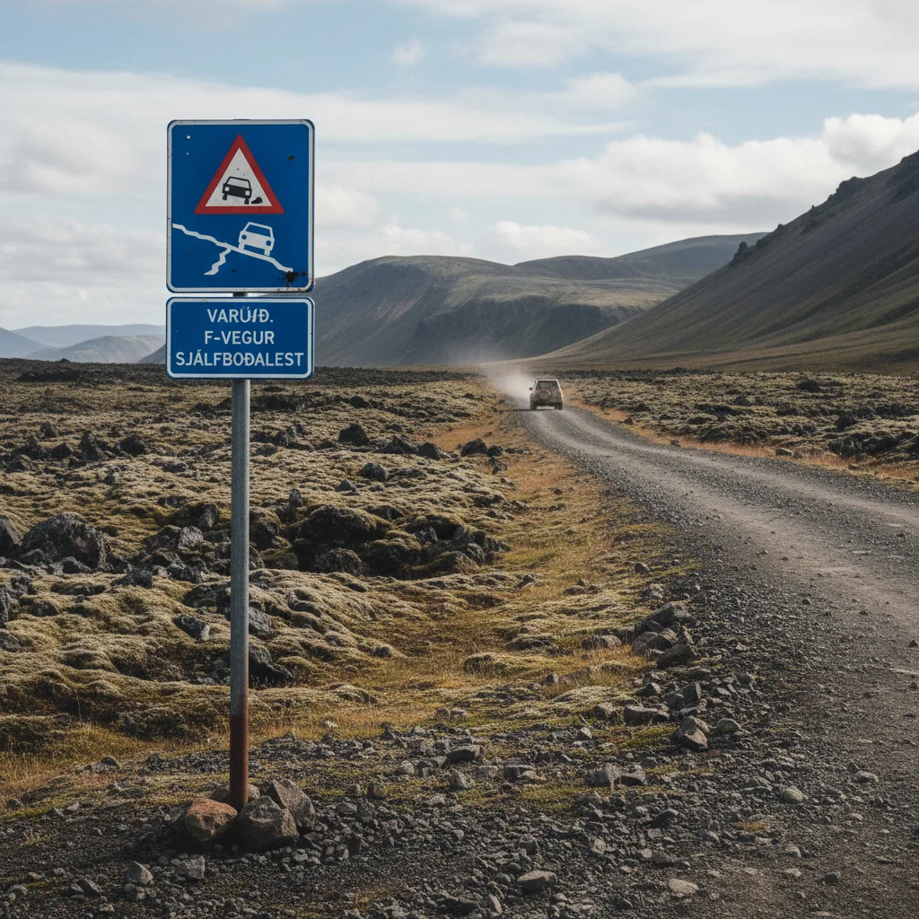 Schild einer F-Straße im isländischen Hochland mit Warnung