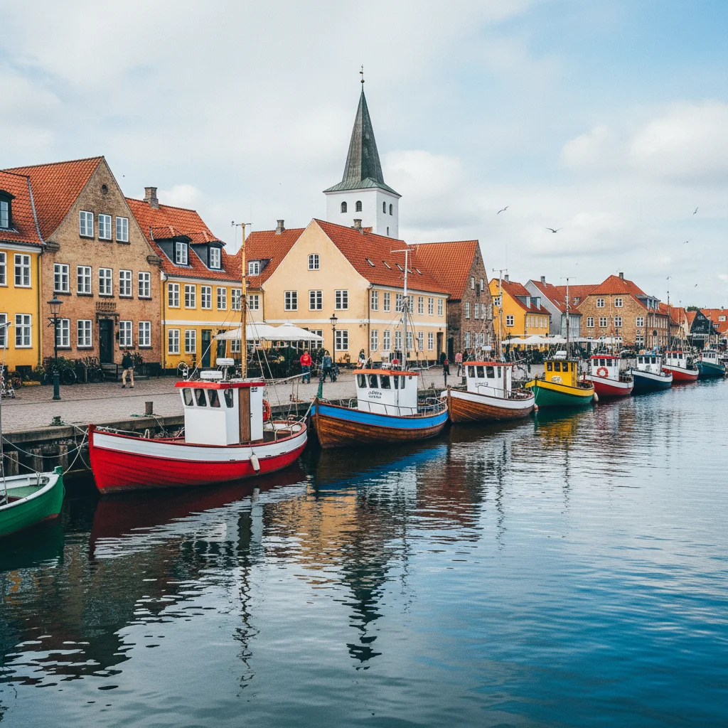 Der Hafen von Faaborg mit bunten Booten und historischen Gebäuden