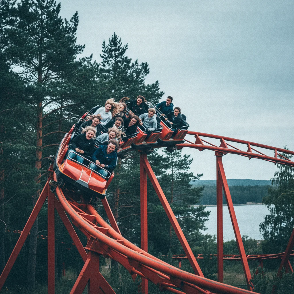 Achterbahn im Faarup Sommerland mit Fahrgästen in einer steilen Kurve