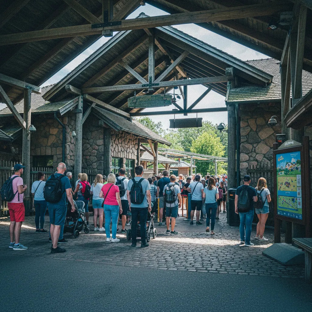 Eingangsbereich des Faarup Sommerland Freizeitparks mit Besuchern