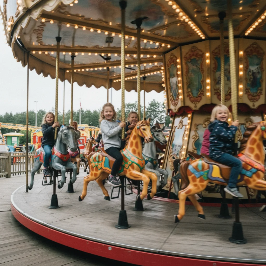 Kinder auf einem bunten Karussell im Faarup Sommerland