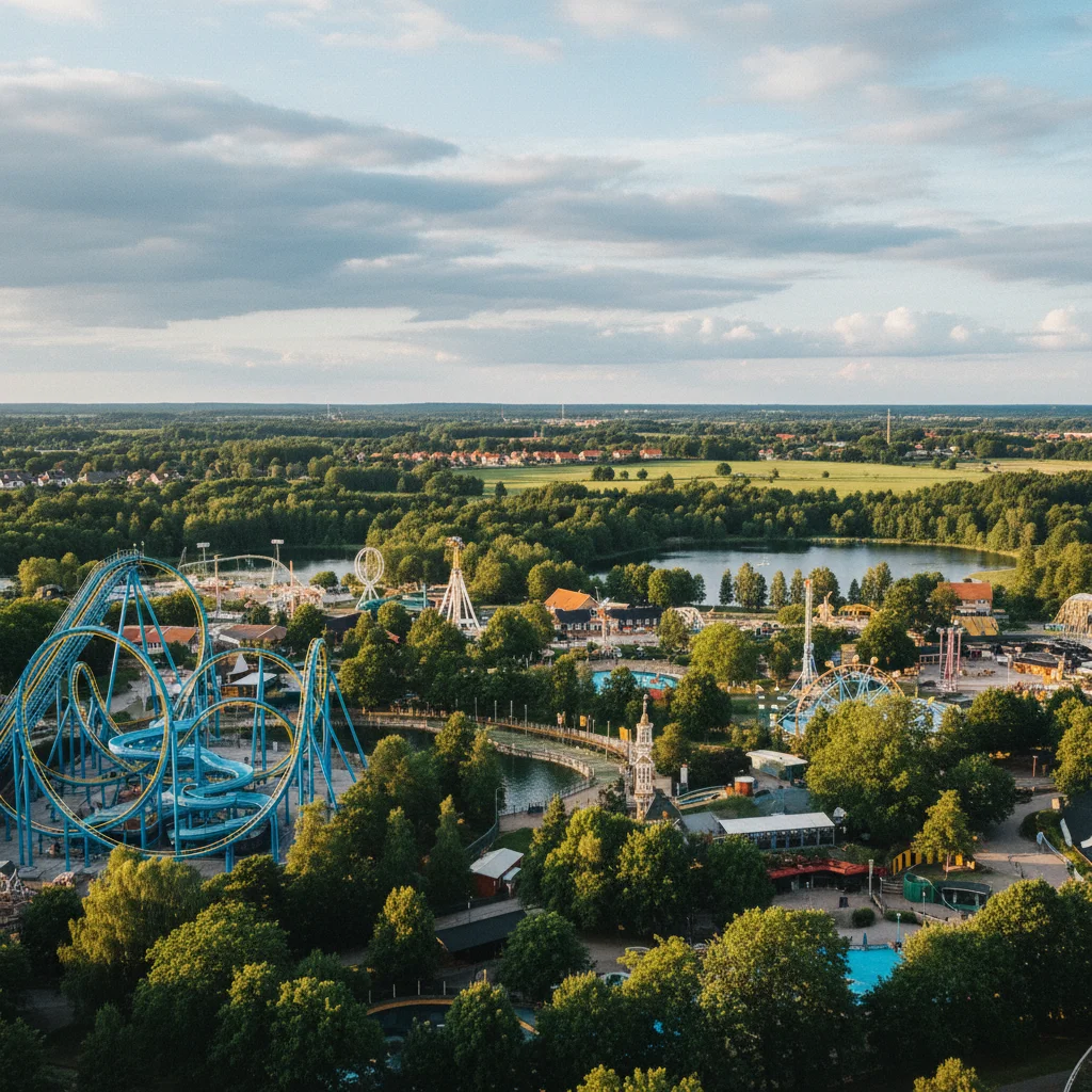 Panoramablick über den Faarup Sommerland Freizeitpark mit grüner Landschaft