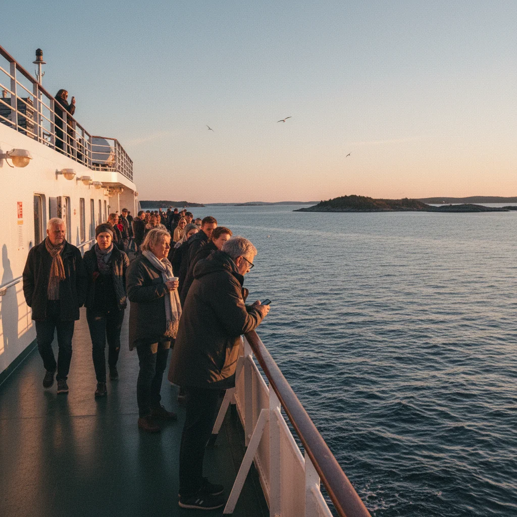 Passagiere auf dem Sonnendeck einer Ostseefähre am Abend