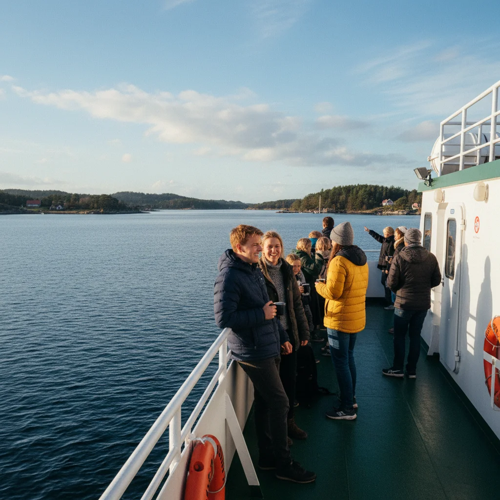 Passagiere auf dem Deck einer kleinen dänischen Inselfähre