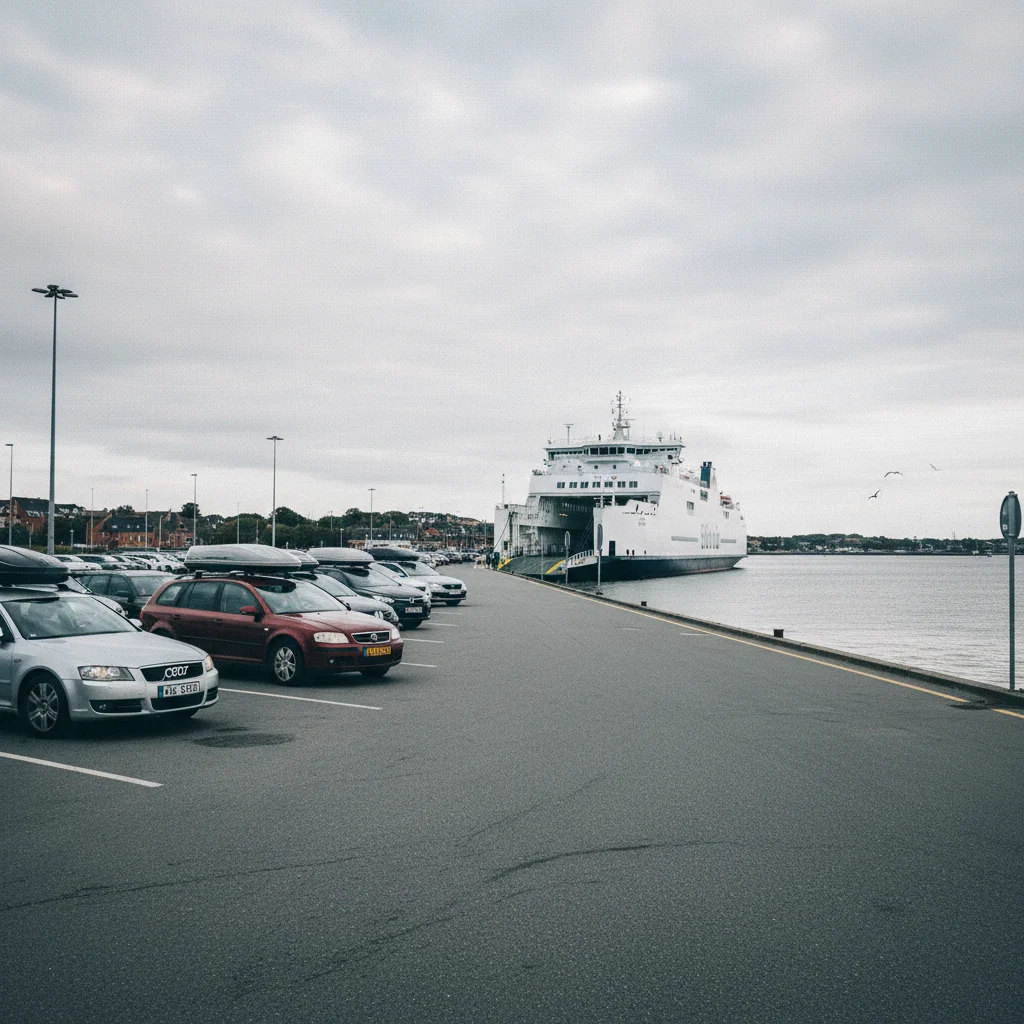 Fährhafen in Dänemark mit wartenden Autos und der Fähre im Hintergrund