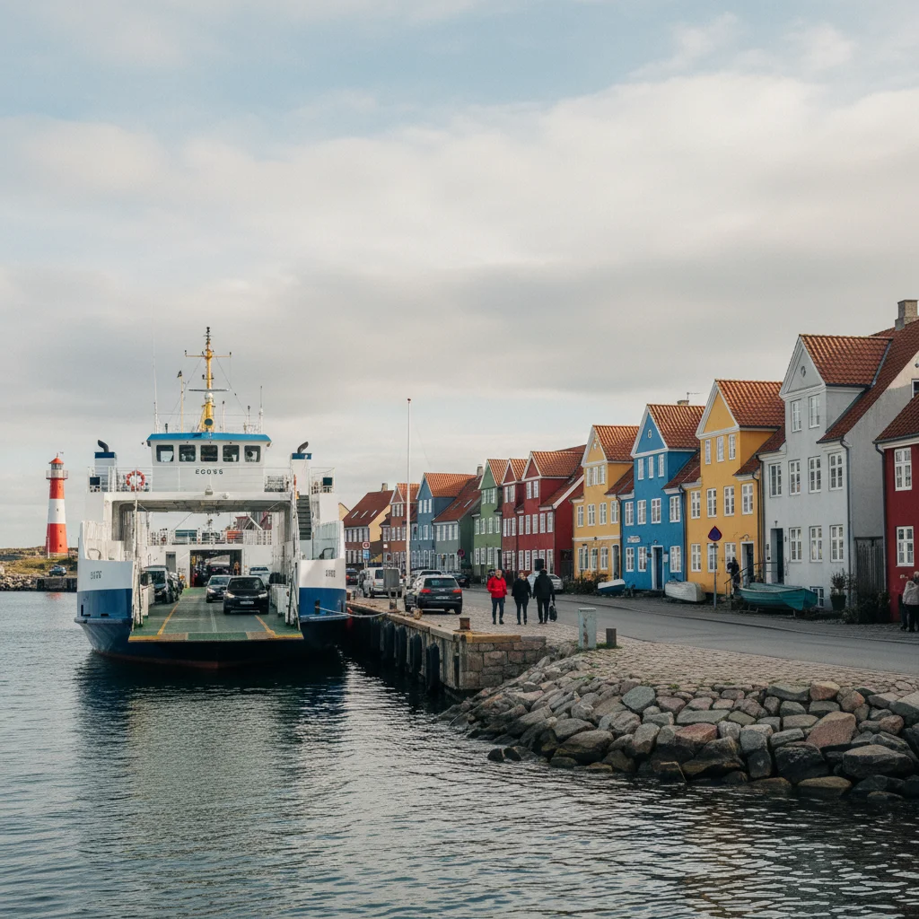 Kleine dänische Insel mit Fähranleger und bunten Häusern