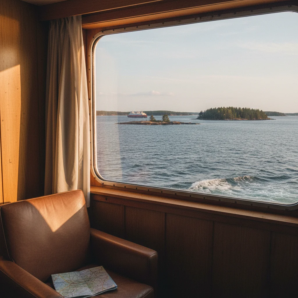 Fährkabine mit Fenster und Meerblick